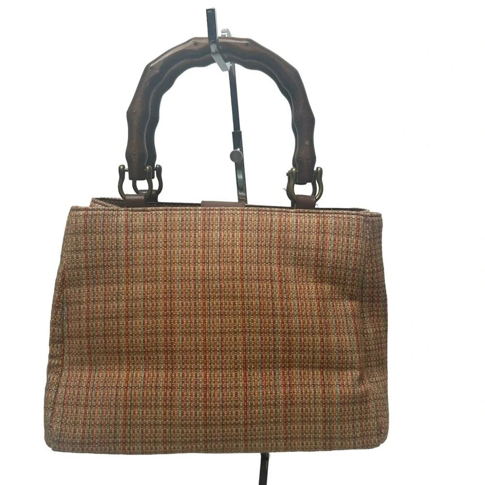 Fossil Purse Bamboo Handle Woven Fabric 3 pocket Handbag 11‎ x 4 x 8